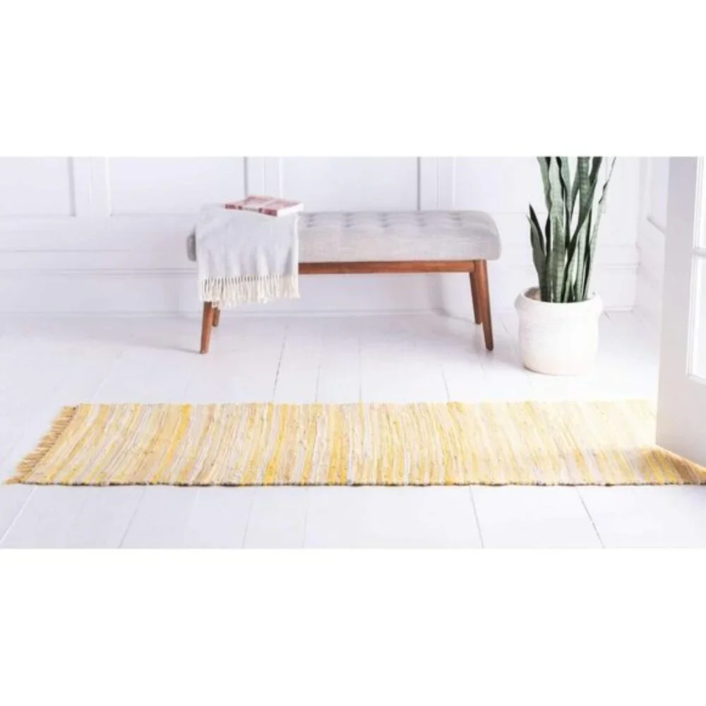 New Chindi Cotton Hand-Woven Rug, 2.7 x 9.10 ft Striped Natural Fiber, Yellow